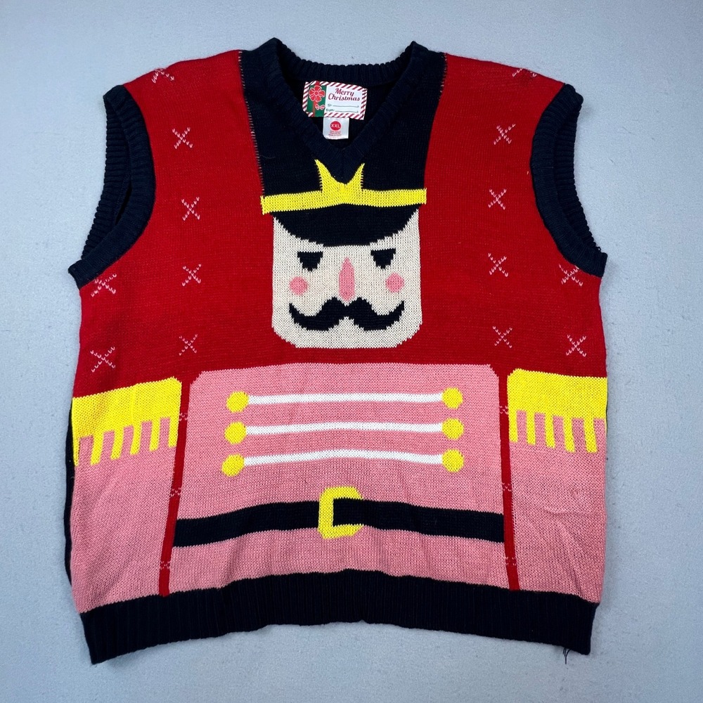 Merry Christmas Nutcracker Sweater Vest Womens XXL Red Holiday Ugly Party Knit